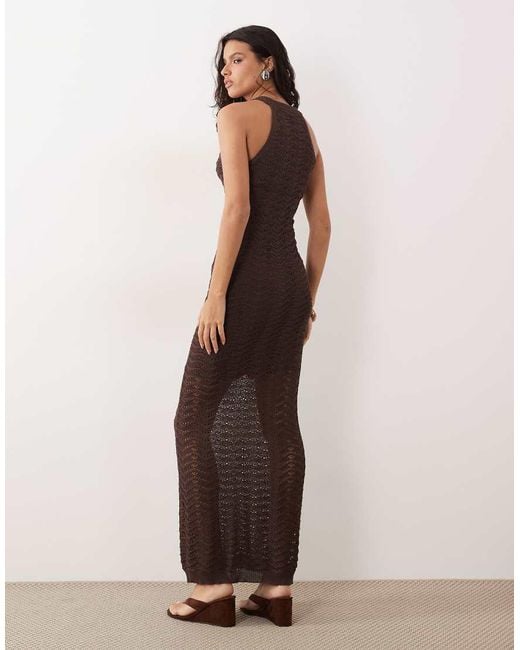 Y.A.S Brown Zigzag Crochet High Neck Sleeveless Midi Dress