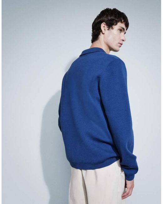 ASOS Blue Relaxed Compact Knit Notch Neck Polo Shirt for men