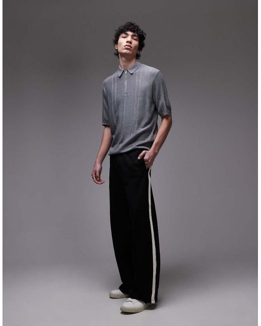 Topman Gebreid Poloshirt Met Korte Mouwen, 1/4 Rits En Textuur in het Gray voor heren