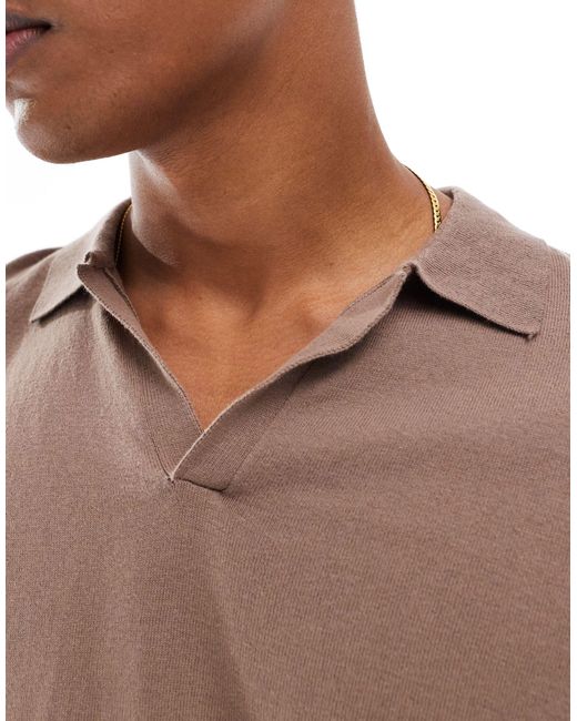 ASOS Brown Oversized Knitted Cotton Notch Neck Polo for men