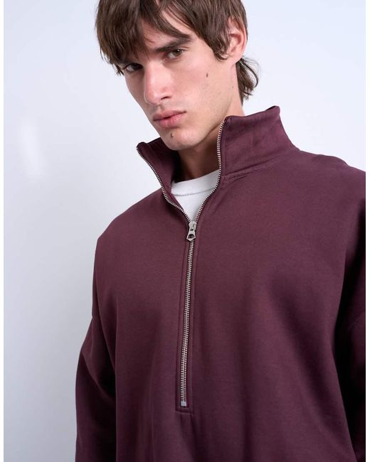 Topman Purple Premium Oversized Fit Quarter Zip Funnel Neck for men