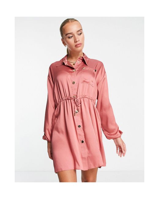 River Island Satin Utility Mini Shirt Dress in Brown | Lyst