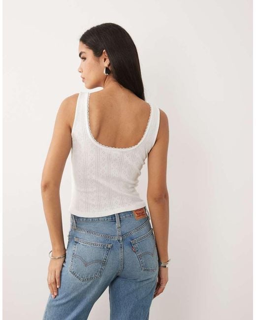 GOOD AMERICAN White Pointelle Square Neck Button Through Vest Top