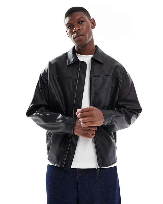 ASOS Blue Faux Leather Bomber Jacket for men