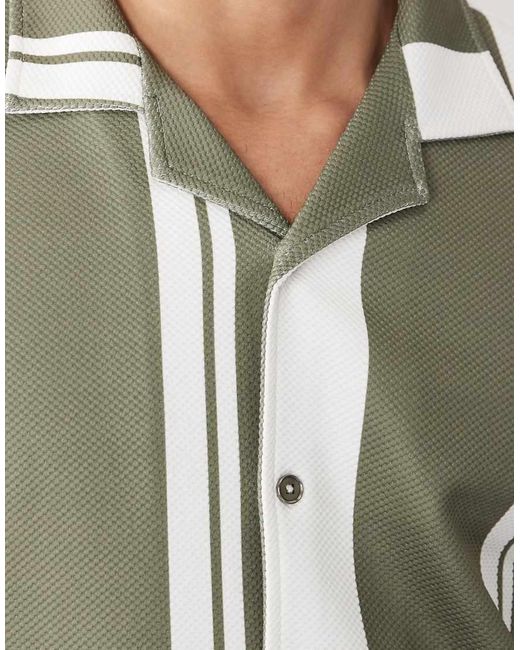 River Island Green Short Sleeve Stripe Revere Shirt for men