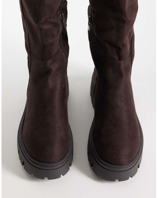 SEQWL Wide Fit Brown Twirl Faux Suede Chunky Knee Boots