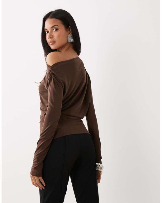 ASOS Brown Drape Off Shoulder Top With Cinch Waist