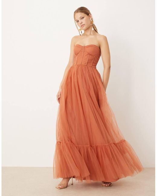 LACE & BEADS Orange Corset Maxi Dress
