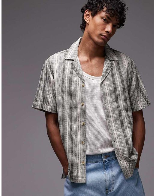 Camicia A Maniche Corte E Bianca A Righe Con Rever di Topman in Gray da Uomo