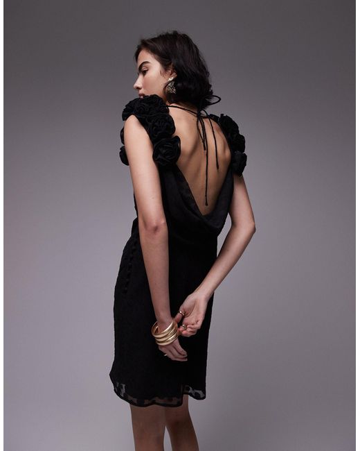 TOPSHOP Black Slip Mini Dress With 3d Ruffle Sleeve