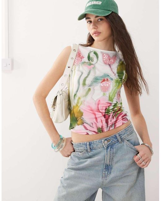 Top Sin Mangas Con Estampado De Tulipanes Y Abalorios De Punto Liso De Reclaimed (vintage) de color Gray