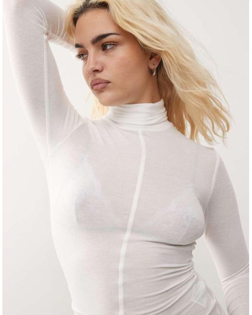 Weekday White Diba Semi Sheer Long Sleeve High Neck Top With Seam Detail