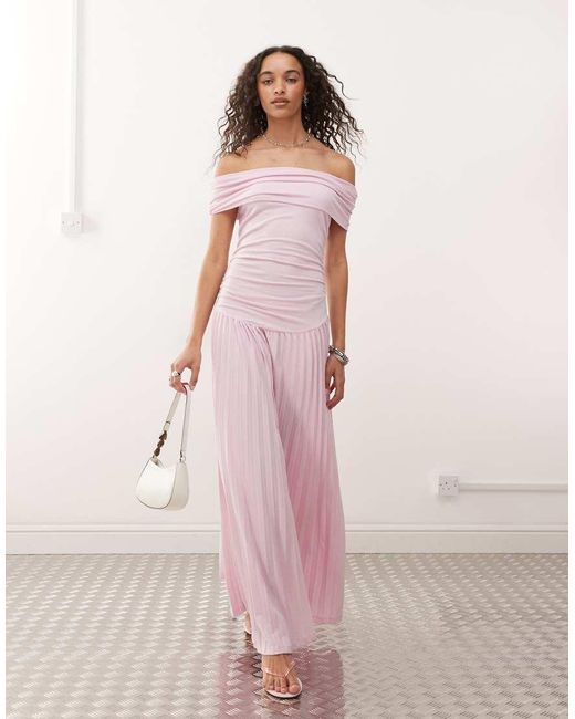 Lioness Pink Field Of Dreams Foldover Bardot Ruched Drop Waist Pleated Maxi Dress