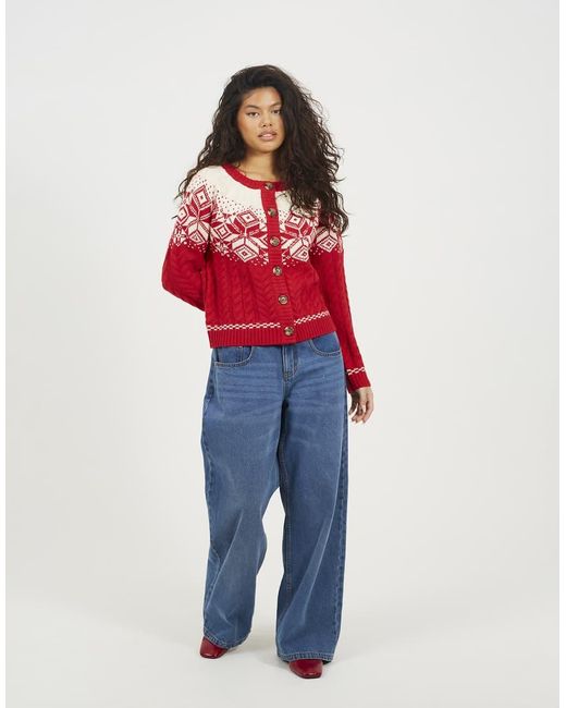Brave Soul Red Snowflake Fairisle Christmas Cardigan