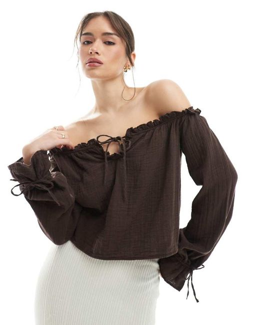 Bershka Black Crinkle Bardot Top