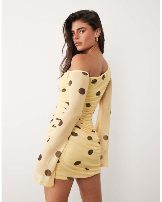 ASOS Natural Printed Mesh Off Shoulder Mini Dress With Angel Sleeve