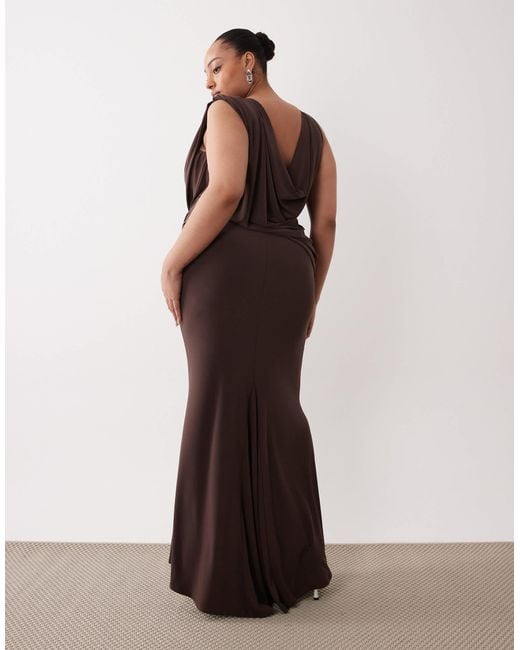 ASOS Brown Asos Design Curve Slinky Asymmetric Drape Maxi Dress With Cowl Back