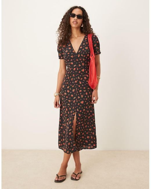 Mango Red Satin V Neck Midi Tea Dress With Rose Print