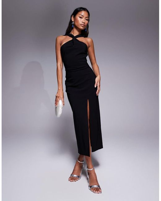 Vesper Blue Bengaline Twist Front Halter Neck Side Split Midaxi Dress