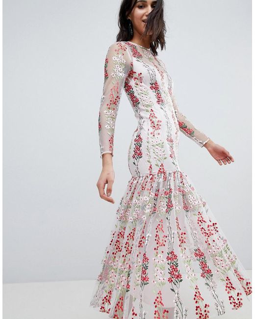 ASOS Multicolor Floral Embroidered Drop Waist Maxi Dress
