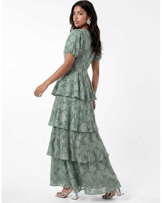 ANAYA Green Floral Burnout Short Sleeve Tiered Maxi Dress