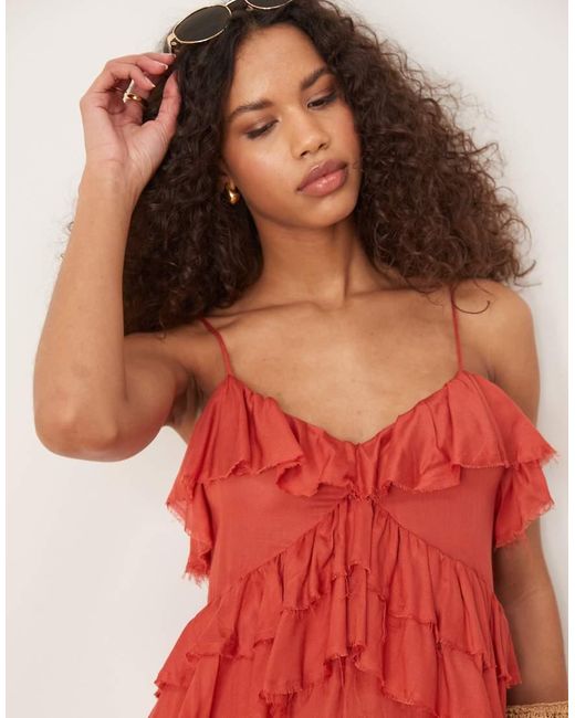 ASOS Jumpsuit Met Ruches En Geribde Rug in het Red