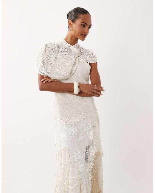 ASOS Natural Panelled Crochet Maxi Dress With Scattered Pearl & Diamante Embellishment