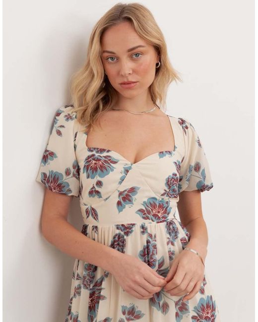 ANAYA Natural Floral Sweetheart Neck Puff Sleeve Midaxi Dress