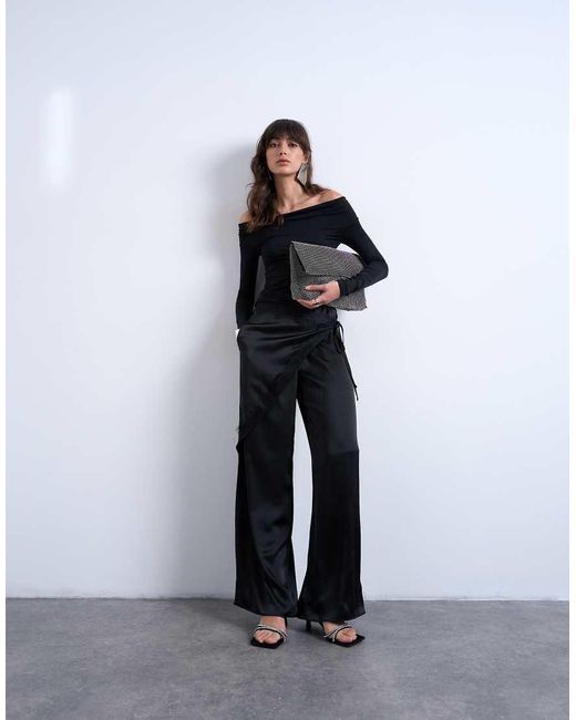 TOPSHOP Blue Satin Wrap Around With Lace Wide Leg Trouser