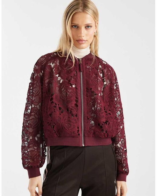 Miss Selfridge Red Lace Bomber Jacket