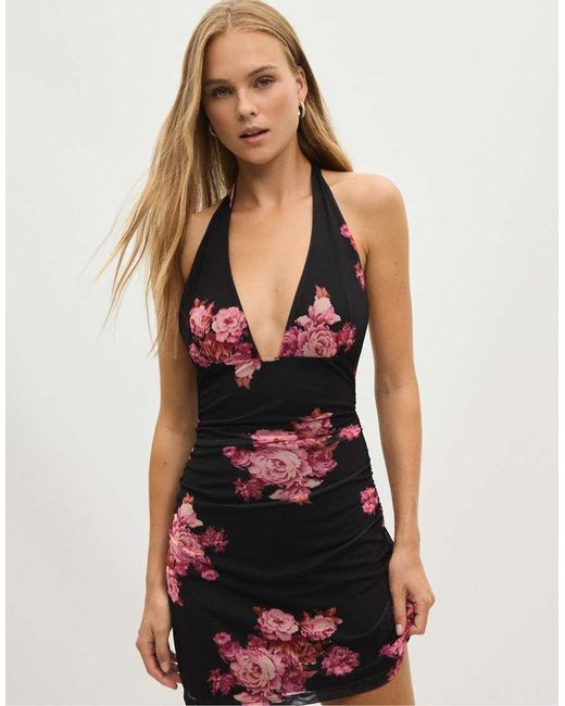 Stradivarius Black Floral Print Fitted Tulle Short Dress