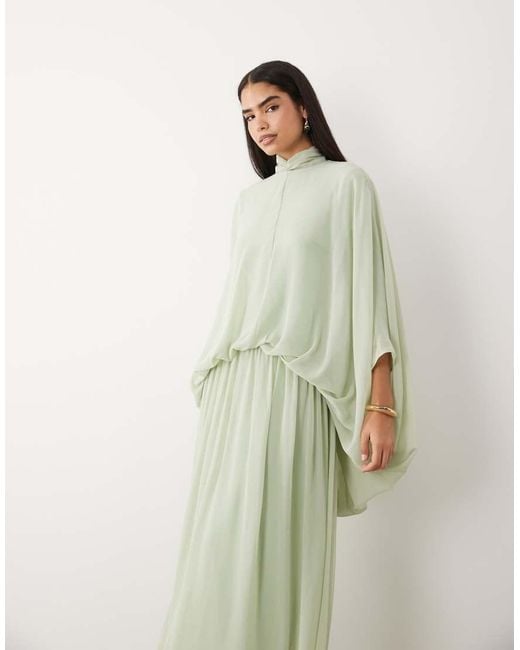 DASKA Green Chiffon High Neck Blousson Maxi Dress