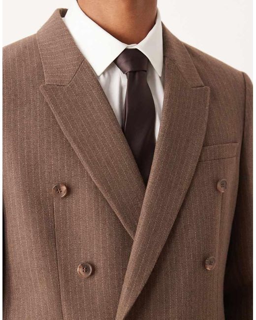 ASOS Brown Double Breasted Regular Suit Jacket With Wool Pinstripe for men