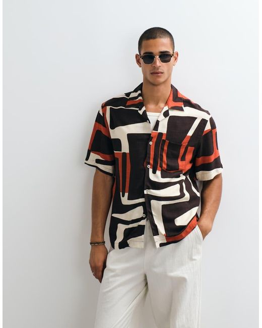 Mango White Abstract Retro Print Short Sleeve Shirt for men