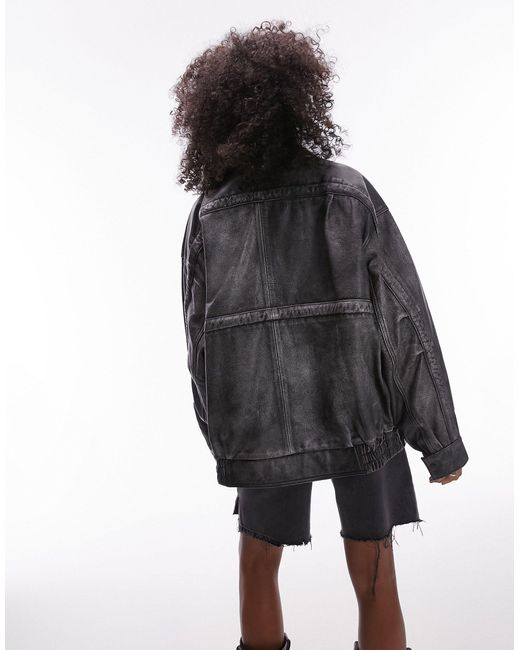 TOPSHOP Black Premium Real Leather Super Washed Oversized Bomber Jacket