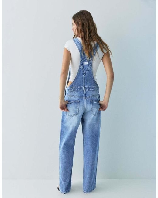 Pull&Bear Blue Long Denim Dungarees