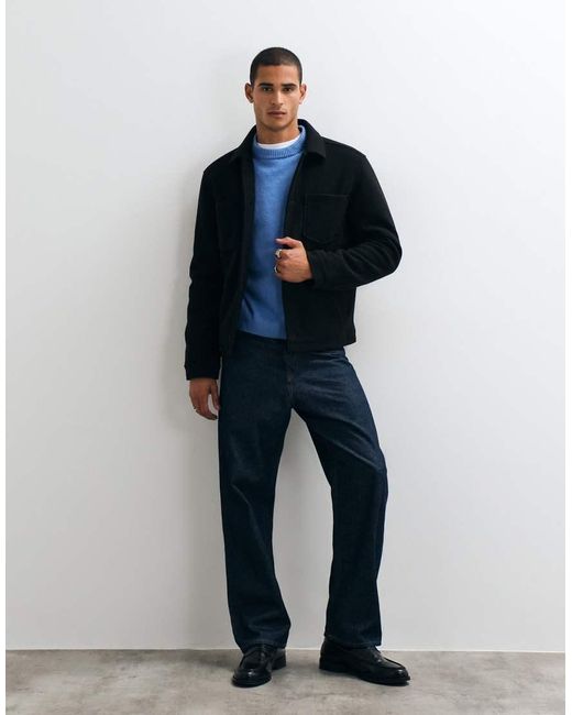 Threadbare Blue Faux Wool Collared Jacket With Patch Pockets for men