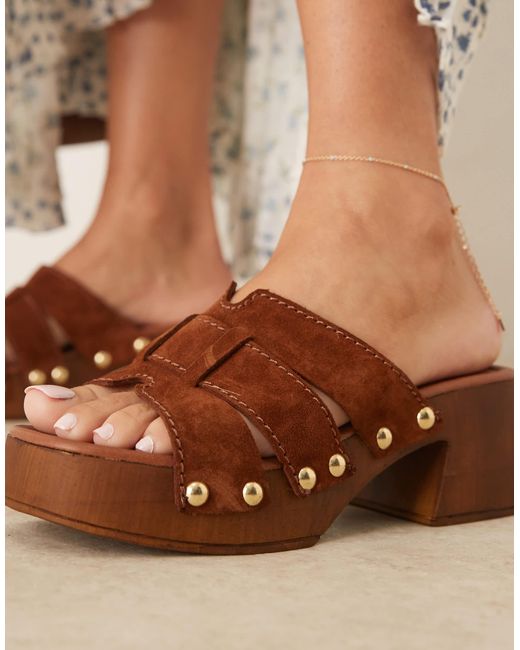 ASOS Natural Hudson Premium Suede Mid Heeled Clog Mules