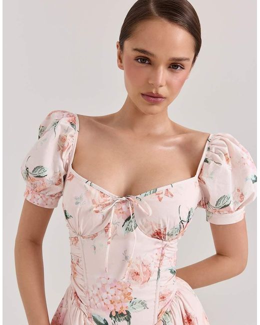 House Of Cb Pink Lulabell Cotton Puff Sleeve Midi Dress