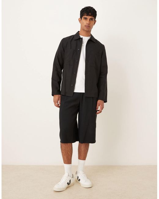 Mango Black Linen Mix Overshirt for men