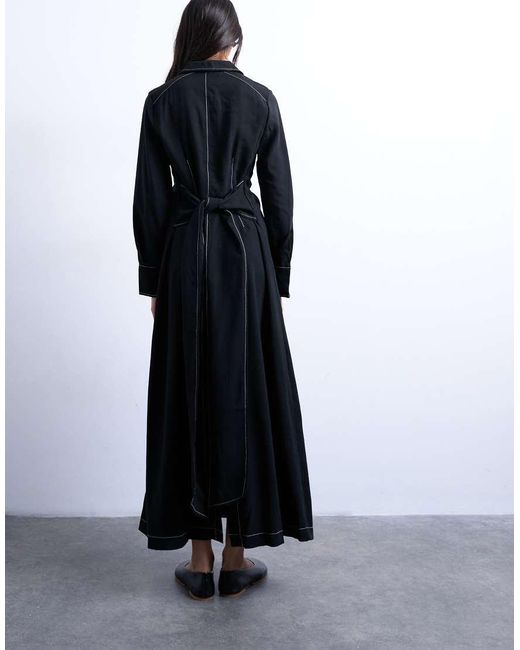 Vestido Camisero Midi De Manga Larga Con Lazada Y Pespuntes En Contraste De TOPSHOP de color Blue