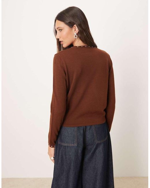 Mango Brown Slash Neck Top With Stud Trim Detail