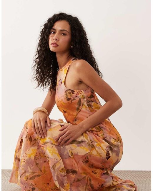ASOS Multicolor Racer Neck Bias Maxi Dress With Godet Hem Orange Abstract Print