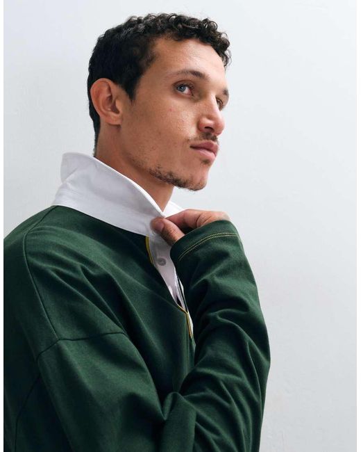 ASOS Green Heavyweight Boxy Oversized Long Sleeve Rugby Polo Shirt With Step Hem for men