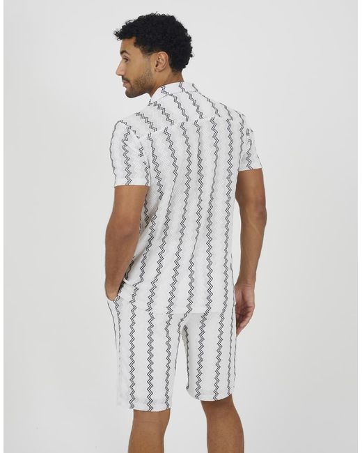 Brave Soul White Wavy Stripe Revere Collar Short Sleeve Shirt for men