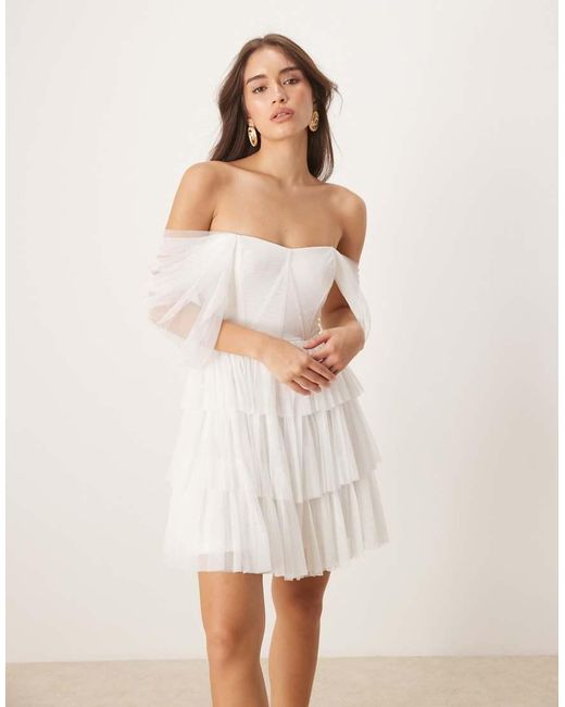 LACE & BEADS Natural Off Shoulder Corset Tulle Mini Dress