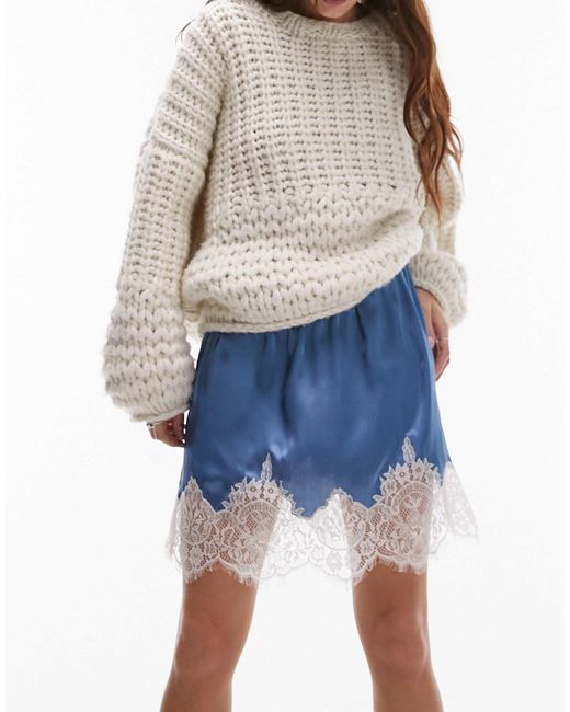 TOPSHOP Blue Satin Lace Petticoat Mini Skirt With Bow Detail
