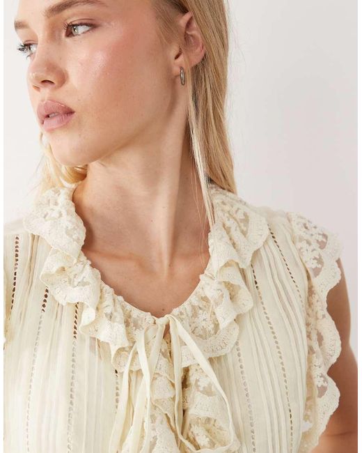 Miss Selfridge Blue Chiffon Tie Front Lace Trim Blouse