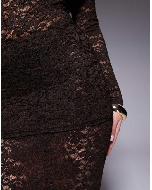 Murci Brown Exclusive Sheer Lace Bardot Bodysuit And Foldover Waist Maxi Skirt Set