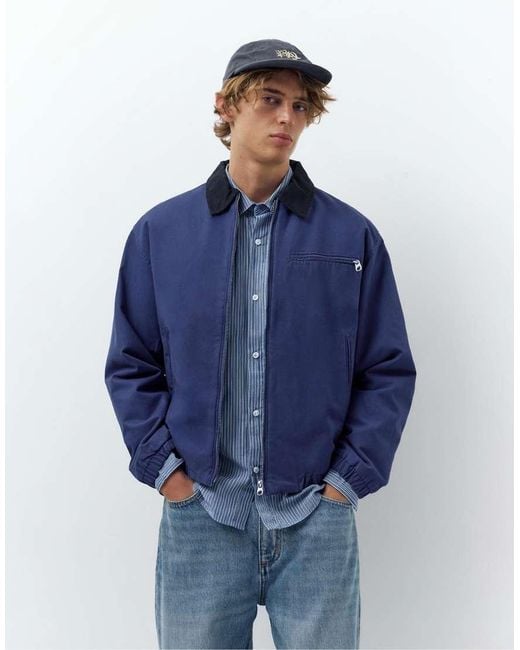 Pull&Bear Blue Jacket With Contrast Collar for men